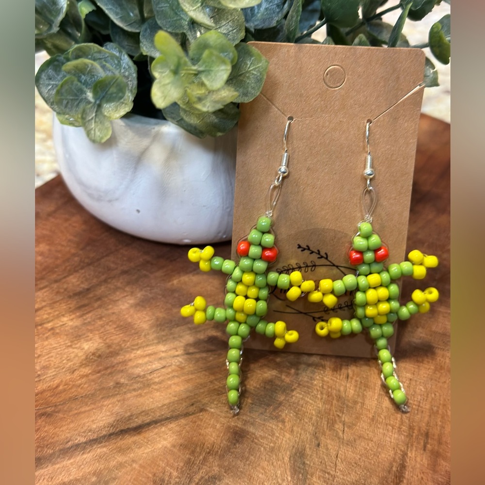 90's Inspired Lizard Statement Earrings- Long Beaded Dangle Earrings- Handmade!
